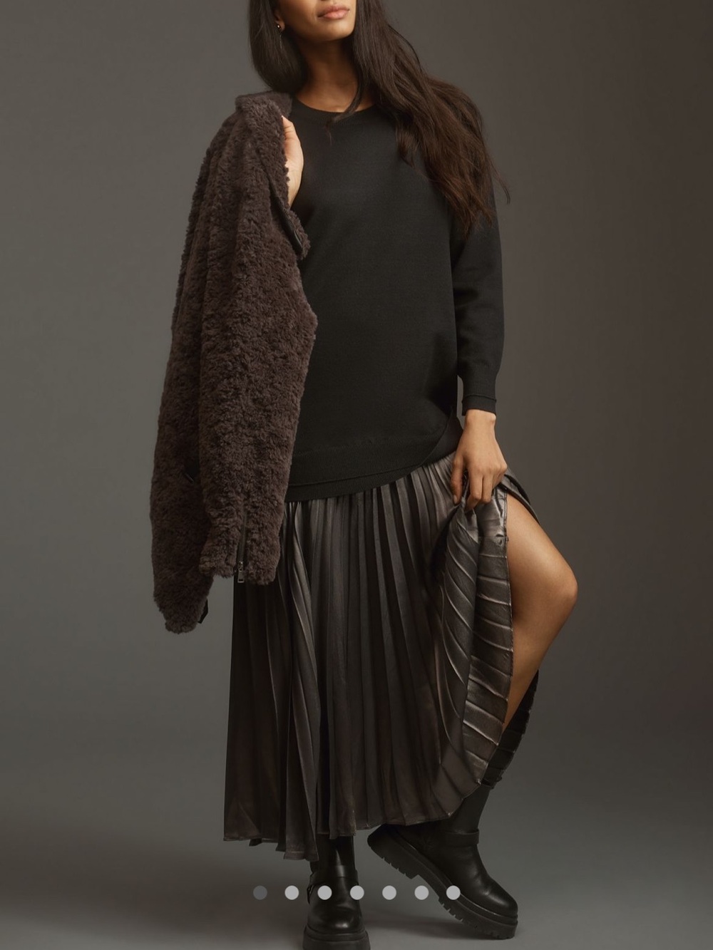 Pleated Metallic Midi Skirt - Black